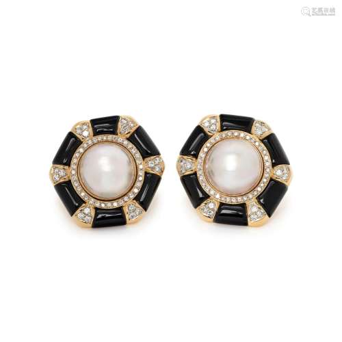 CONVERTIBLE CULTURED MABE PEARL, DIAMOND AND ENAMEL EARRINGS