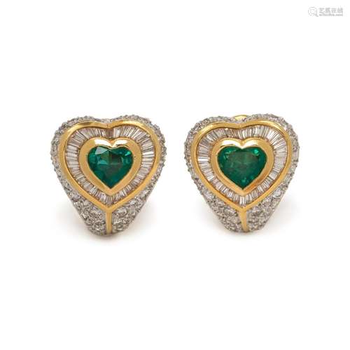 EMERALD AND DIAMOND HEART EARCLIPS