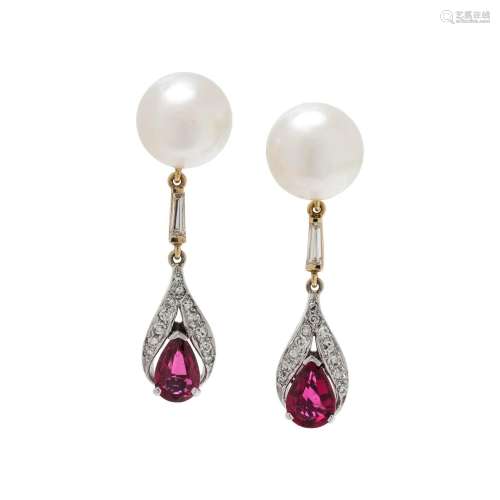 CULTURED SOUTH SEA PEARL, DIAMOND AND SYNTHETIC RUBY EARRING...