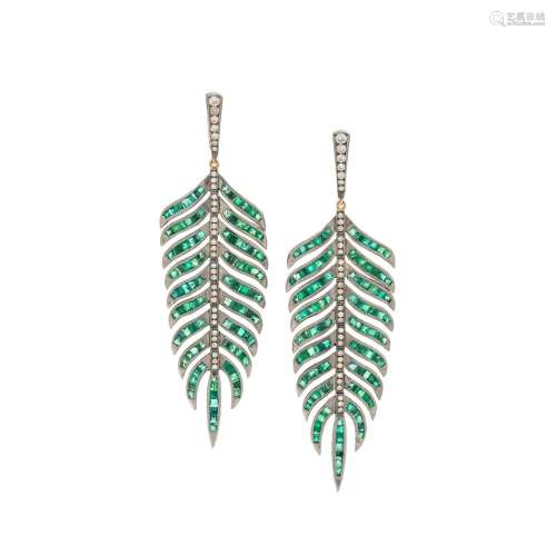 EMERALD AND DIAMOND FEATHER EARRINGS