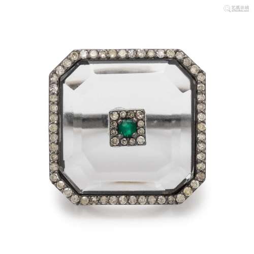 RESIN, EMERALD AND DIAMOND RING