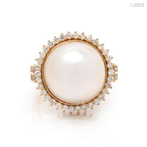 CULTURED MABE PEARL AND DIAMOND RING