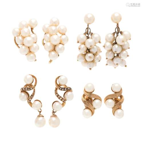 COLLECTION OF YELLOW GOLD AND CULTURED PEARL EARRINGS