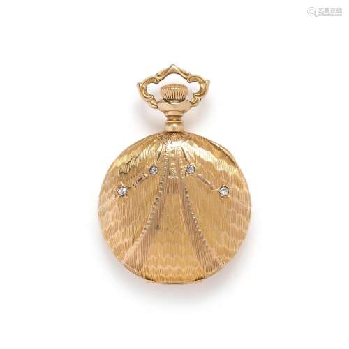 14K YELLOW GOLD AND DIAMOND HUNTER CASE POCKET WATCH AND CHA...