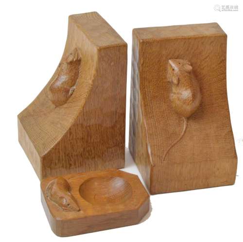 A pair of Robert Mouseman Thompson bookends and an ashtray