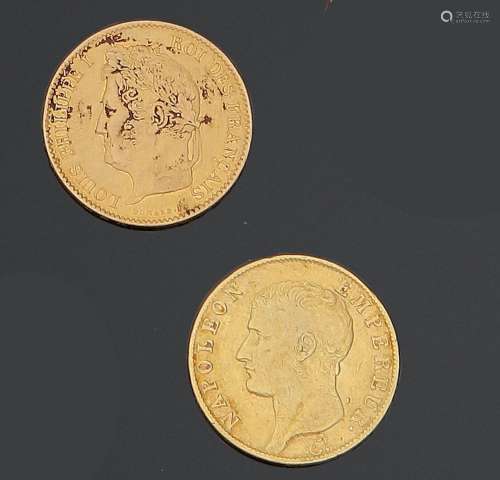 Deux pièces de 40 francs or 1833 et an 13.(Usures).