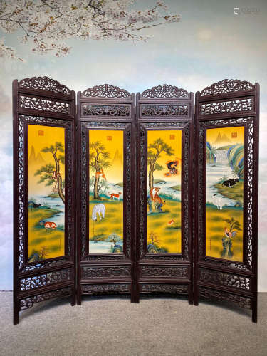 旧藏 檀木透雕镶帝皇釉手绘十二生肖图折叠屏风