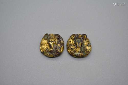 Chinese Pair of Western Han Gilt Bronze Crouching Bear Bridl...