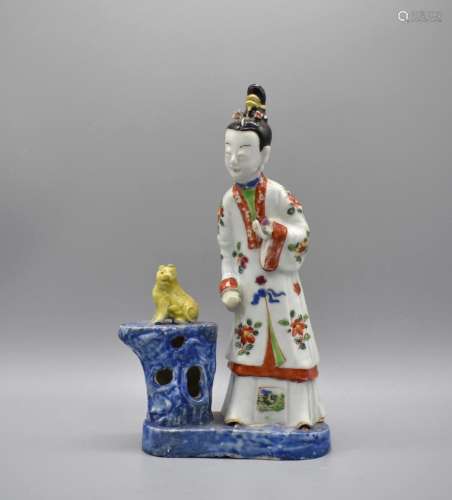 Chinese Famille Verte Figure of Court Lady with dog
