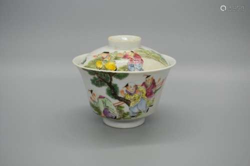 Famille Rose Chinese Boys Tea Bowl and cover