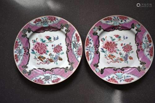 Pair of Pink CHINESE Famille Rose Flowering Peony Dishes