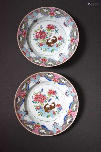 CHINESE Large Pair of Famille Rose Duck amongst Peony Dishes