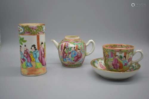 THREE: CHINESE Canton Enamel Tea Cup and Saucer, Teapot and ...