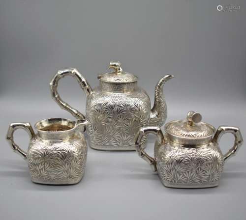 Chinese export Silver Bamboo Design Tea Set (Teapot, Sugar a...