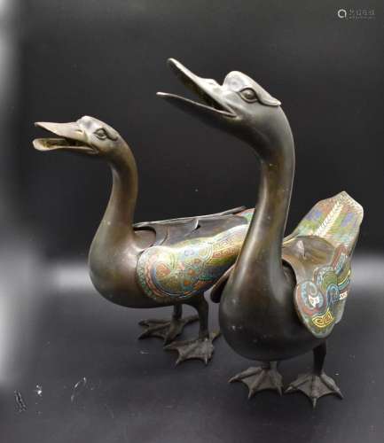 A Pair of Chinese Bronze Champoleve Geese Censer