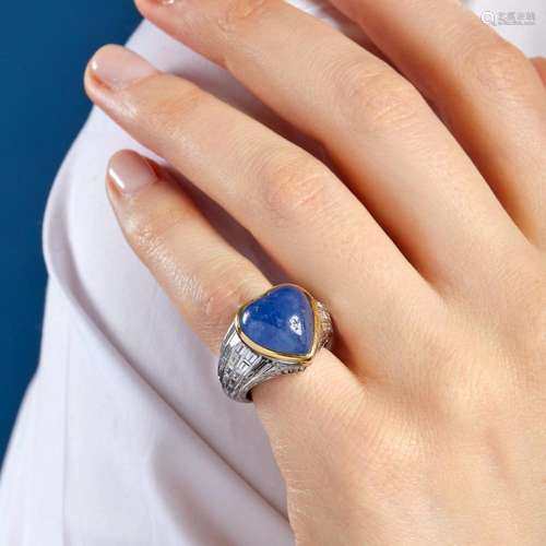 BAGUE SAPHIR CABOCHON COEUR A sapphire, diamonds, platinum a...