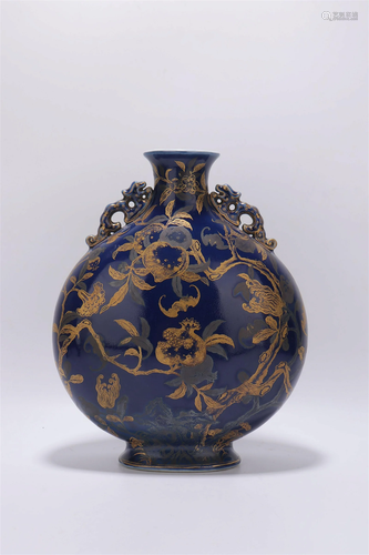 A Blue Glazed Painted Gold 'Peach' Vase