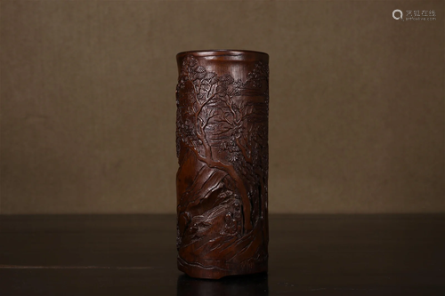 A Bamboo 'Poem& Old Man' Brush Pot