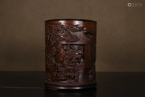 A Bamboo 'Figure& Pine' Brush Pot