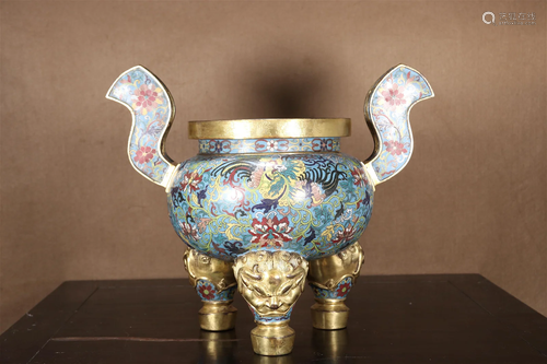 A Cloisonne 'Scrolling Flower' Tripod Censer