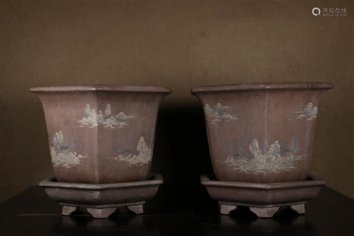 A Pair Of Yixing Clay 'Village' Jardinieres