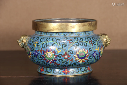 A Cloisonne 'Scrolling Flower' Lion-Handled Censer