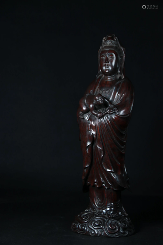 A Zitanwood Figure Of Guanyin And A Child