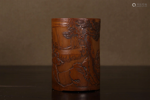 A Bamboo 'Figure& Pine' Brush Pot