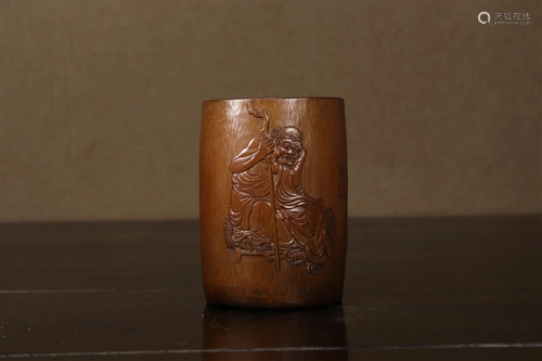 A Bamboo 'Elderly Figure' Brush Pot