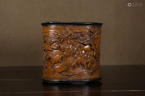 A Boxwood 'Bathing Horse' Brush Pot