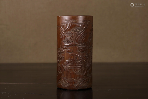 A Bamboo 'Landscape& Poem' Brush Pot