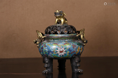 A Cloisonne 'Scrolling Flower' Tripod Censer