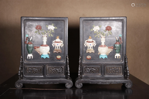 A Pair Of Zitanwood Gem-Inlaid Table Screens