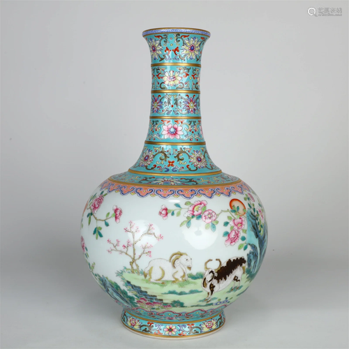 An Enameled 'Three Rams& Flower' Vase