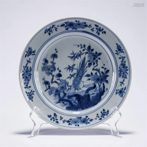 Blue-and-white Dish with Flower and Bird Patterns