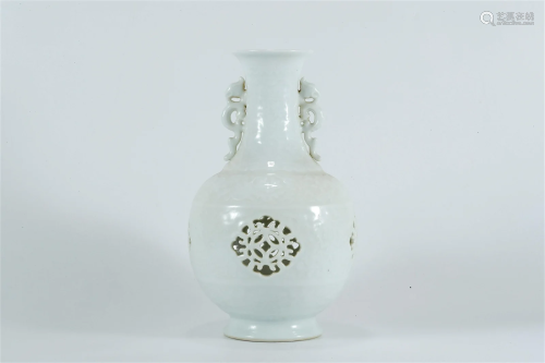 Sweet White Glazed Vase with Hollow-out Design and Two Handl...