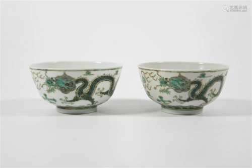 Green Colored Bowls with Two Dragons Playing with A Pearl De...