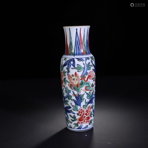 Wucai (Polychrome) Flower Vase with Chinese Kylin and Floral...