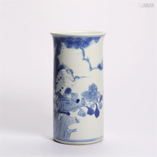 Blue-and-white Cylinder-shaped Vase with Pine Tree and Crane...