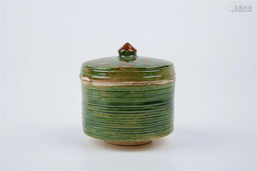 Green Glazed Covered Box with Brown Stains and Bead Button D...