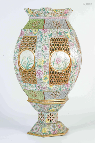 Famille Rose Square Palace Lantern with Hollow-out Design an...