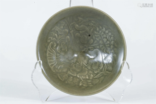 Celadon Glazed Bowl with Kid Holding Lotus Pattern, Yaozhou ...