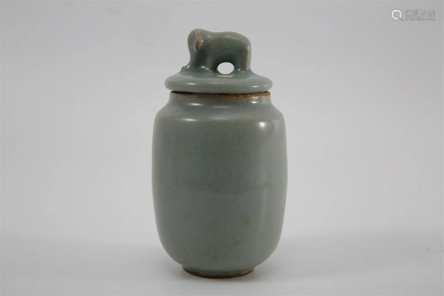 Celadon Glazed Covered Jar with Elephant-shaped Button Desig...