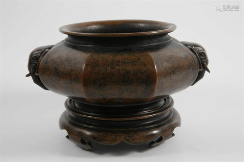 Chinese Bronze Octagonal Censer with Elephant-shaped Handles...