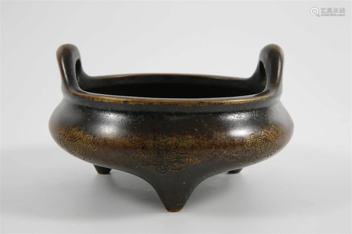 Bronze Censer with Upright Handles and Carved Auspicious Pat...