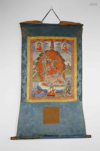 Dharmapalas Riding Lion Thangka