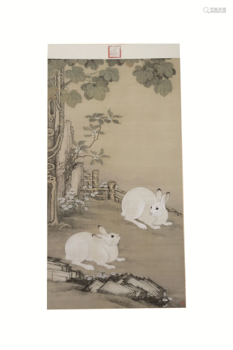 Two Rabbits, Hanging Scroll, Leng Mei