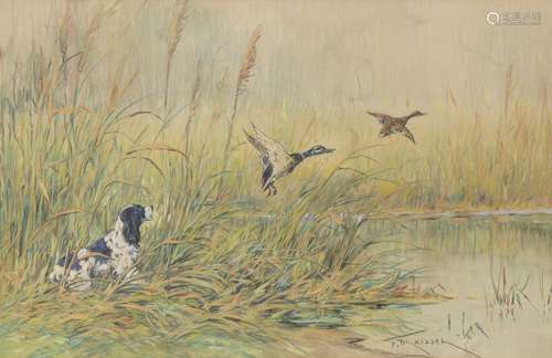 Fernand MAISSEN (1873- ?).Chien levant un couple de canard.A...