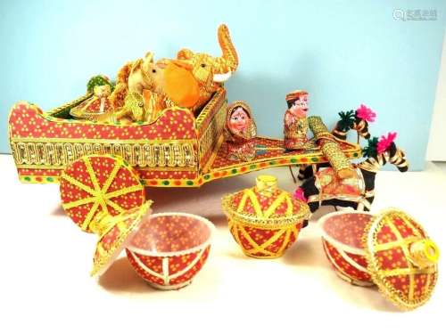 Asian, India, Hand Crafted  Colorful Cart with Containers, A...