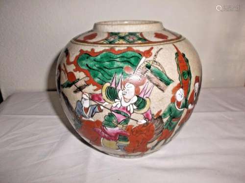 Antique Famille Verte Chinese Crackle Porcelain Vase Warrior...